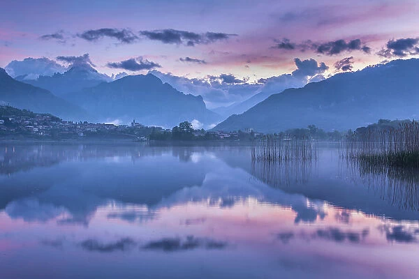 Dawn on lake Annone, Brianza, Lecco province, Lombardy, Italy