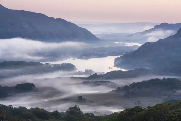 Framed Print : Dawn over the lakes of Killarney from Ladys View, Killarney National Park, Co Framed Print : Dawn over the lakes of Killarney from Ladys View, Killarney National Park, Co