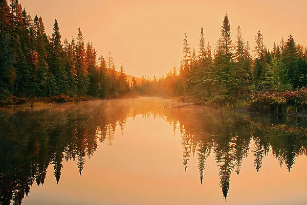 Dawn light reflects in a waterway. Lake Superior Provincial Park, Ontario, Canada