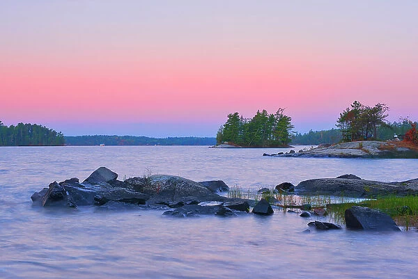 Dawn on shore of Lake of The Woods Sioux Narrows Provincial Park, Ontario, Canada