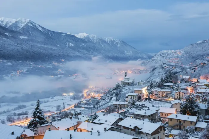 Framed Print : Dawn on the village of Poggiridenti after an snowy night, Province of Sondrio, Valtellina Framed Print : Dawn on the village of Poggiridenti after an snowy night, Province of Sondrio, Valtellina
