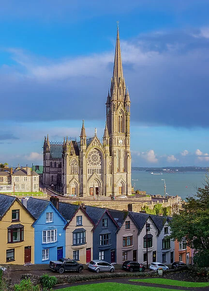 Deck of Cards colourful houses and St. Colman's Cathedral, elevated view, Cobh, County Cork, Ireland