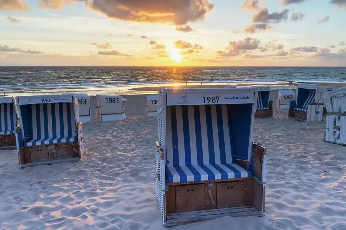 Framed Print : Deckchairs on Westerland beach at sunset, Sylt, Schleswig Holstein, Germany Framed Print : Deckchairs on Westerland beach at sunset, Sylt, Schleswig Holstein, Germany