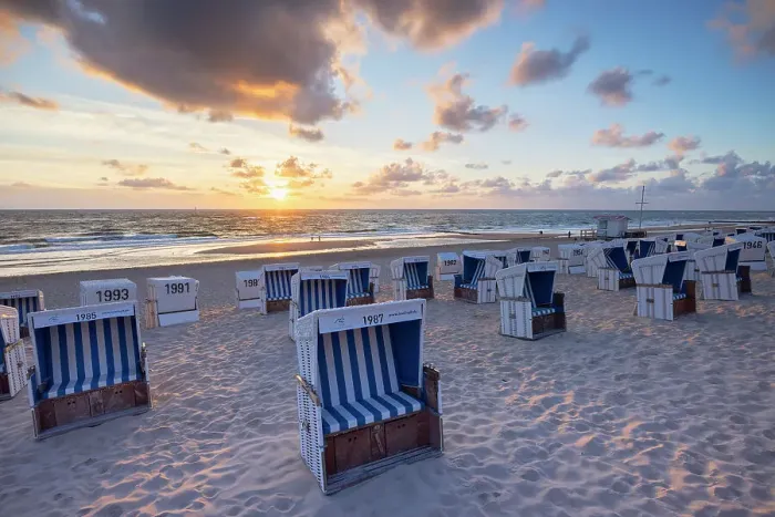 Framed Print : Deckchairs on Westerland beach at sunset, Sylt, Schleswig Holstein, Germany Framed Print : Deckchairs on Westerland beach at sunset, Sylt, Schleswig Holstein, Germany