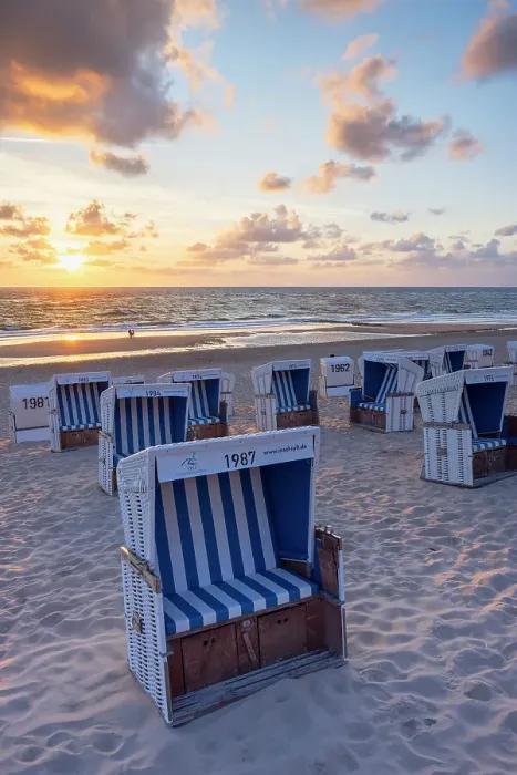 Framed Print : Deckchairs on Westerland beach at sunset, Sylt, Schleswig Holstein, Germany Framed Print : Deckchairs on Westerland beach at sunset, Sylt, Schleswig Holstein, Germany