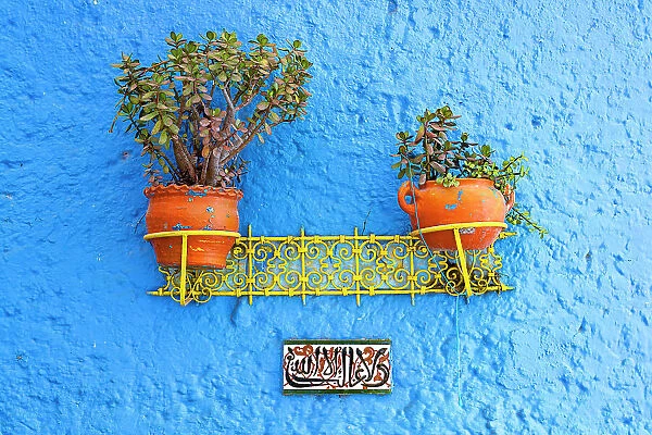 Decorated blue wall with potted plants in the old alleys of Medina, Chefchaouen, Morocco