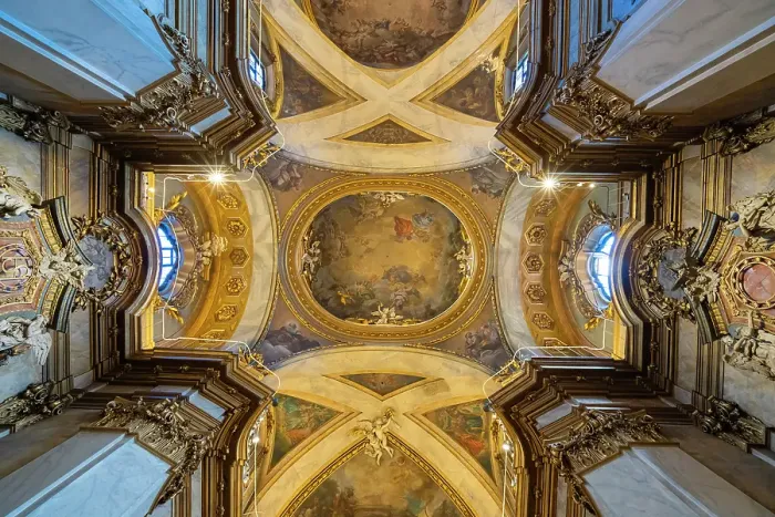Framed Print : Decorated ceiling inside illuminated Pontifical Basilica of Saint Michael, Madrid, Spain Framed Print : Decorated ceiling inside illuminated Pontifical Basilica of Saint Michael, Madrid, Spain