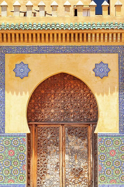 A decorated door in the Medina of Fez, Morocco. The medina of Fes was declared UNESCO World Heritage Site in 1981