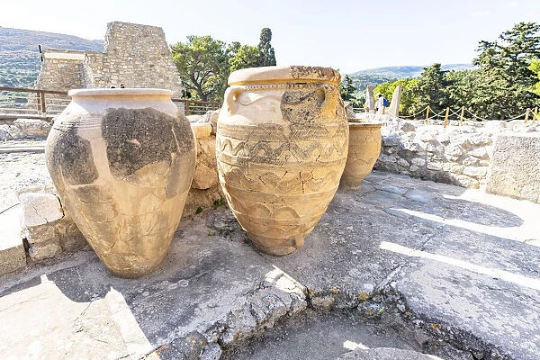 Decorated giant jars made with clay, Palace of Knossos, Heraklion, Crete, Greece