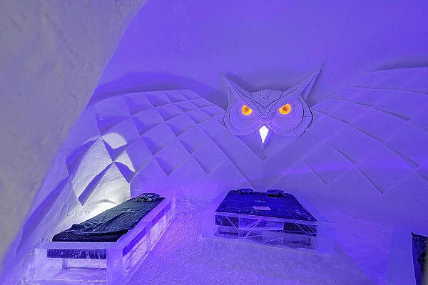 Decorated interior of a suite room in the ice hotel, Lainio Snow Village, Kittila, Lapland, Finland