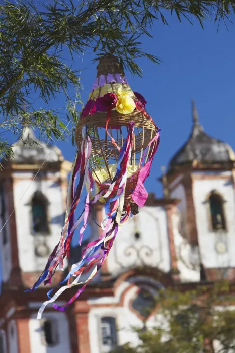 Framed Print : Decoration for festival with Our Lady of Conceicao de Antonio Dias Church in background Framed Print : Decoration for festival with Our Lady of Conceicao de Antonio Dias Church in background