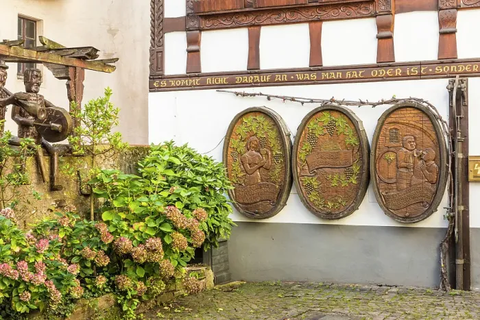 Framed Print : Decoration at a winery in the old town of Eller, Ediger-Eller, Mosel, Rhineland-Palatinate, Germany Framed Print : Decoration at a winery in the old town of Eller, Ediger-Eller, Mosel, Rhineland-Palatinate, Germany