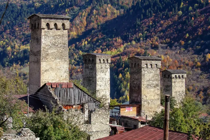 Framed Print : Defensive towers in Mestia, Upper Svaneti (Zemo Svaneti), Georgia Framed Print : Defensive towers in Mestia, Upper Svaneti (Zemo Svaneti), Georgia