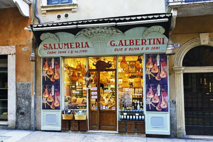 Framed Print : Delicatessen shop Salumeria Albertini, Corso S. Anastasia, Verona, Veneto, Italy