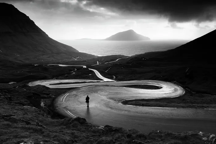 Framed Print : Denmark, Faroe Islands, Foroyar, Streymoy, one person stands on a twisting road Framed Print : Denmark, Faroe Islands, Foroyar, Streymoy, one person stands on a twisting road