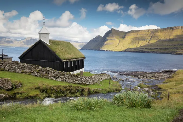Framed Print : Denmark, Faroe Islands, Foroyar, Eysturoy, Funningur, a turf covered church Framed Print : Denmark, Faroe Islands, Foroyar, Eysturoy, Funningur, a turf covered church
