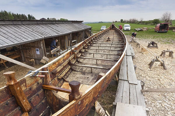 Denmark, Funen, Ladby, Ladby Vikingmuseum, building of traditional Viking ship