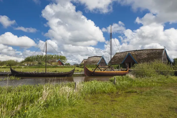 Framed Print : Denmark, Jutland, Hemmet, Bork Vikingehavn, recreated Viking village, Viking ships