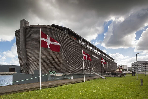 Denmark, Jutland, Randers, waterfront with replica of Noahs Ark