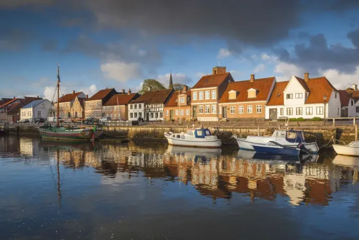 Framed Print : Denmark, Jutland, Ribe, town view from the Ribe River, dawn Framed Print : Denmark, Jutland, Ribe, town view from the Ribe River, dawn