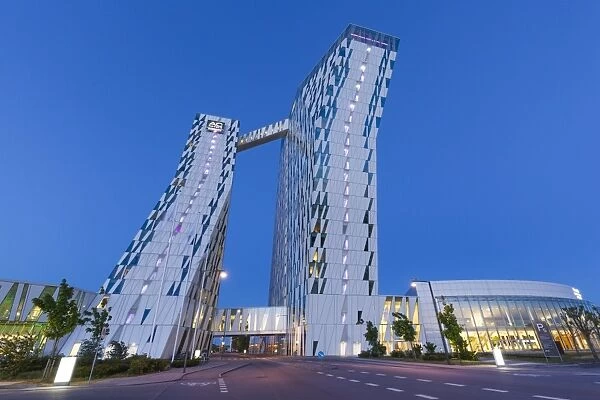 Denmark, Zealand, Copenhagen, Bella Sky Hotel Towers, dusk
