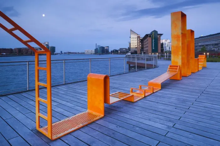 Framed Print : Denmark, Zealand, Copenhagen, inner harbor waterfront buildings and playground Framed Print : Denmark, Zealand, Copenhagen, inner harbor waterfront buildings and playground