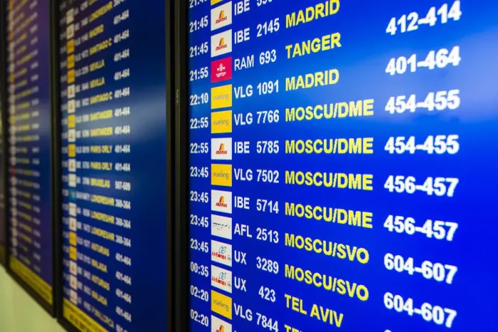 Framed Print : Departure board monitor at Barcelona El Prat international airport, Barcelona, Catalonia