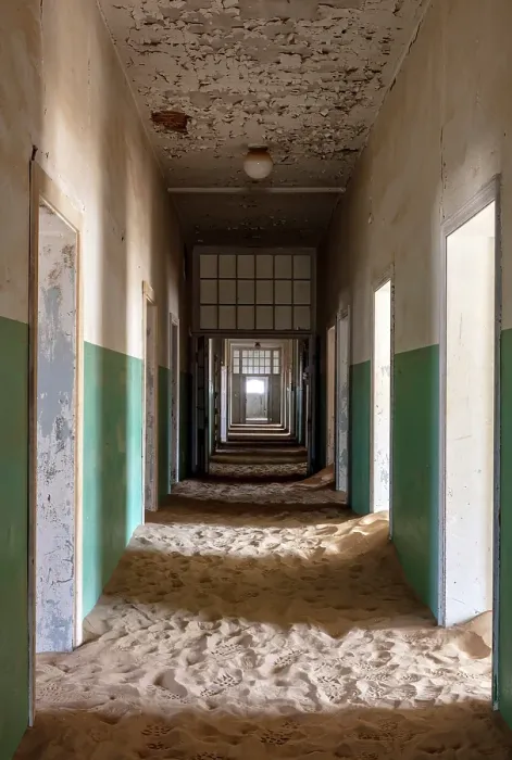 Framed Print : Derelict hospital with floor covered in sand in abandoned diamond mining town of Kolmanskop, Luderitz, Namib Desert, Namibia Framed Print : Derelict hospital with floor covered in sand in abandoned diamond mining town of Kolmanskop, Luderitz, Namib Desert, Namibia