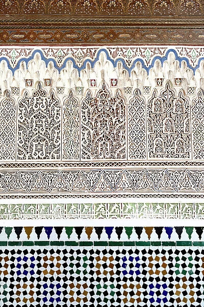 Details of arabic decorations and mosaic inside Bahia Palace, Marrakech, Morocco