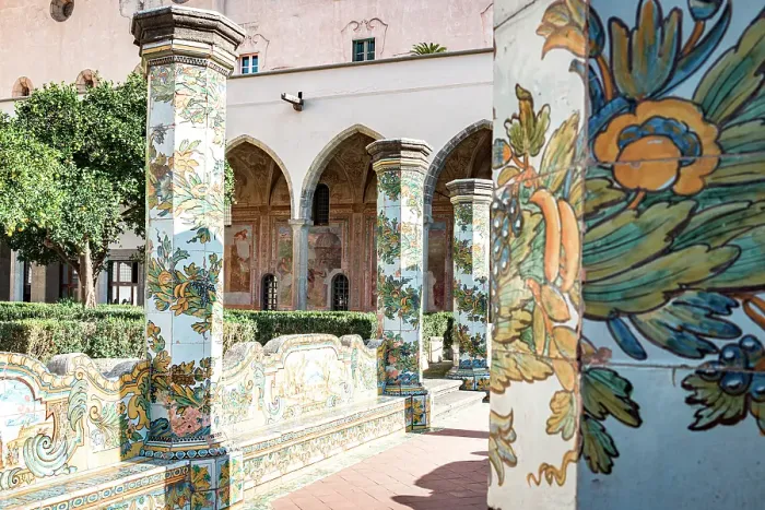 Framed Print : Details of colorful majolica tiles on columns in Santa Chiara convent cloister, Naples, Italy Framed Print : Details of colorful majolica tiles on columns in Santa Chiara convent cloister, Naples, Italy