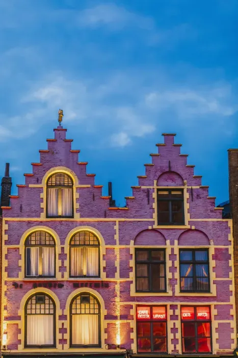 Framed Print : Details of the typical colored houses facades in Markt square in Bruges by night, Belgium Framed Print : Details of the typical colored houses facades in Markt square in Bruges by night, Belgium