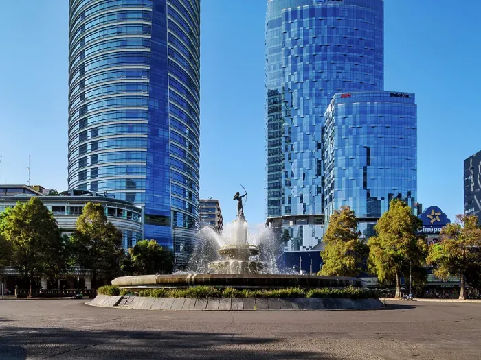Framed Print : Diana the Huntress Fountain and High-rise buildings at Paseo de la Reforma, Mexico City, Mexico