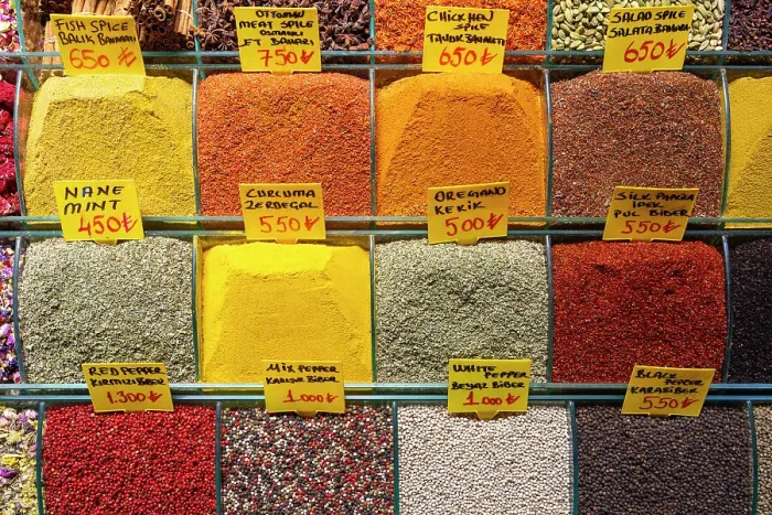Framed Print : Different spices on display in store, Egyptian Bazaar (Spice Bazaar), Eminonu, Fatih District, Istanbul Province, Turkey