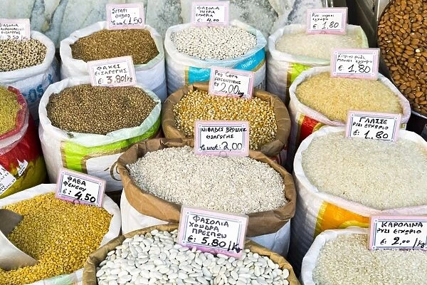 Different type of grain and rice at the Central Market in Athens, Greece