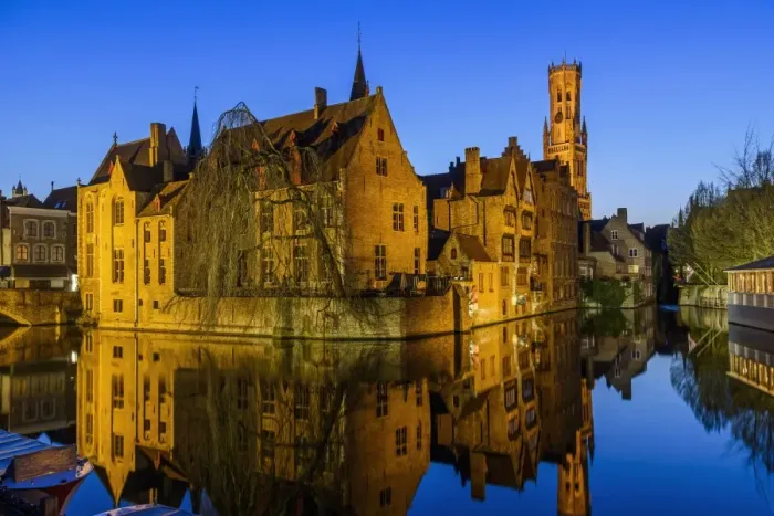 Framed Print : Dijver canal with Belfort medieval tower in the background, Bruges, West Flanders Framed Print : Dijver canal with Belfort medieval tower in the background, Bruges, West Flanders