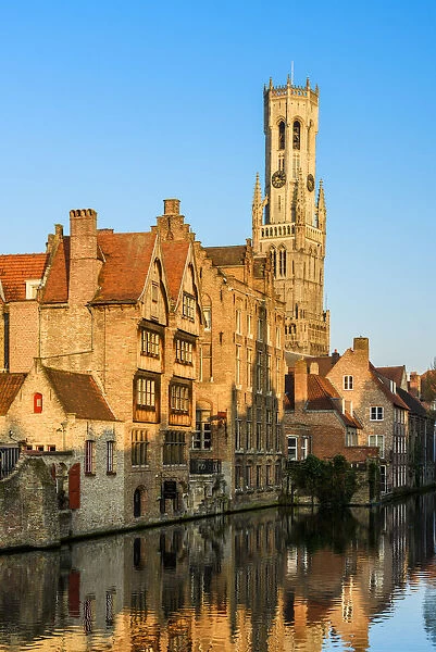 Dijver canal with Belfort medieval tower in the background, Bruges, West Flanders