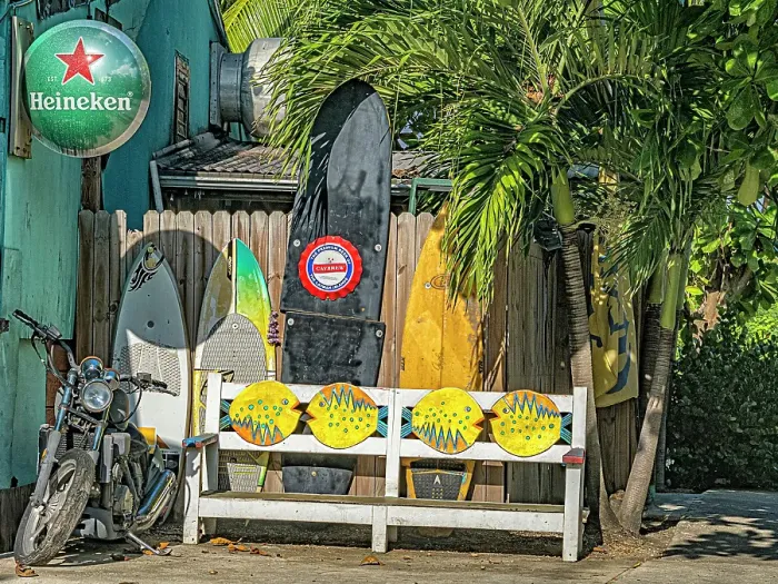 Framed Print : Dilapidated Motorcycle and bench with old surfboards, Grand Cayman, Cayman Islands, British West Indies Framed Print : Dilapidated Motorcycle and bench with old surfboards, Grand Cayman, Cayman Islands, British West Indies