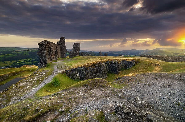 Dinas Bran Castle at sunset during summer, Llangollen, Denbighshire, Wales, United Kingdom