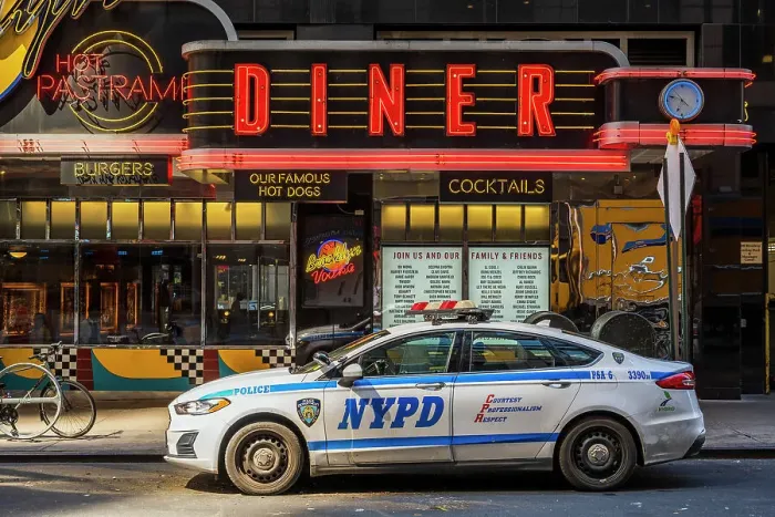 Framed Print : Diner restaurant neon sign with NYPD police car parked, Manhattan, New York, USA Framed Print : Diner restaurant neon sign with NYPD police car parked, Manhattan, New York, USA