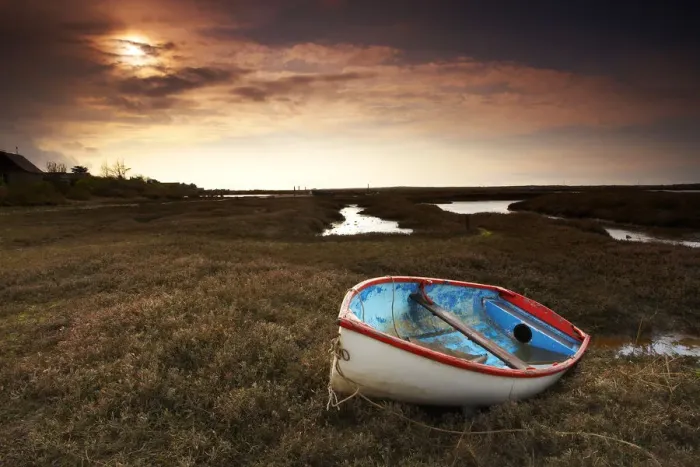 Framed Print : Dinghy at Sunset, Brancaster, Norfolk, England Framed Print : Dinghy at Sunset, Brancaster, Norfolk, England