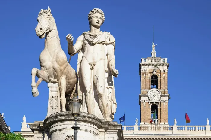 Framed Print : Dioscuri statue of Castor on Cordonata Capitolina, with the bell tower of Palazzo Senatorio (Senatorial Palace) in the background, Rome, Italy