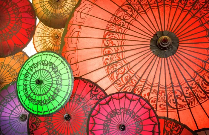 Framed Print : Display of colourful parasols, Bagan, Myanmar (Burma), Asia Framed Print : Display of colourful parasols, Bagan, Myanmar (Burma), Asia