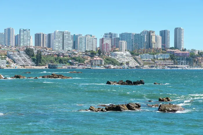 Framed Print : Distant view of residential high-rise buildings by sea, Concon, Valparaiso Province, Valparaiso Region, Chile Framed Print : Distant view of residential high-rise buildings by sea, Concon, Valparaiso Province, Valparaiso Region, Chile