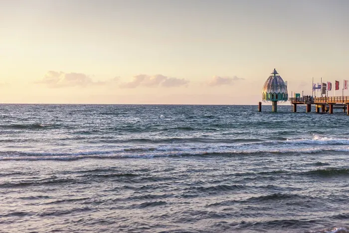 Framed Print : Diving gondola at the Zingst pier at sunset, Mecklenburg-Western Pomerania, Baltic Sea, Northern Germany, Germany