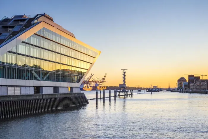 Framed Print : Dockland office building on the Elbe River at sunset, Altona-Altstadt, Hamburg, Germany Framed Print : Dockland office building on the Elbe River at sunset, Altona-Altstadt, Hamburg, Germany