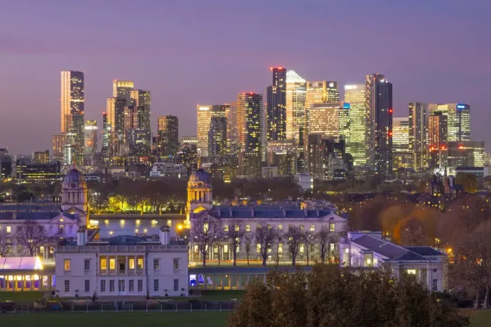 Framed Print : Docklands skyline from Greenwich Park, Greenwich, London, England, UK Framed Print : Docklands skyline from Greenwich Park, Greenwich, London, England, UK