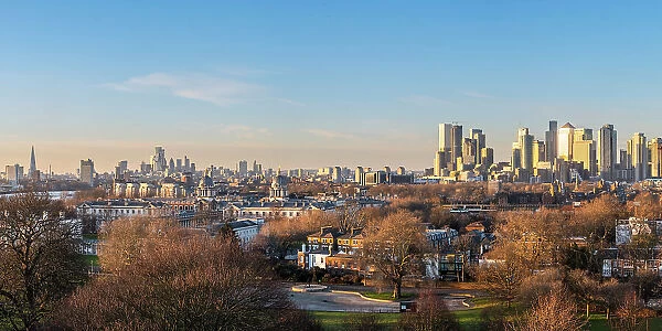 Docklands skyline from Greenwich Park, Greenwich, London, England, UK