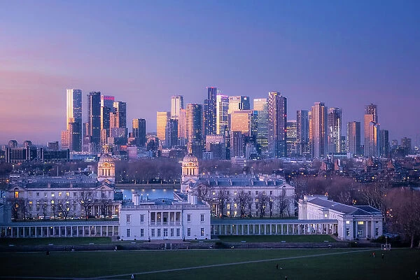 Docklands skyline & Royal Naval College from Greenwich Park, Greenwich, London, England, UK