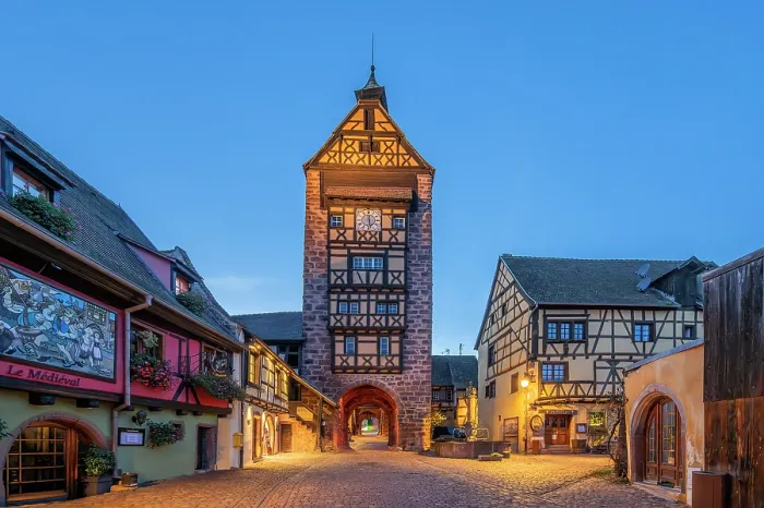Framed Print : Dolder watchtower in Riquewihr at dusk, Alsace, Alsace Wine Road, Haut-Rhin, Grand Est, France Framed Print : Dolder watchtower in Riquewihr at dusk, Alsace, Alsace Wine Road, Haut-Rhin, Grand Est, France