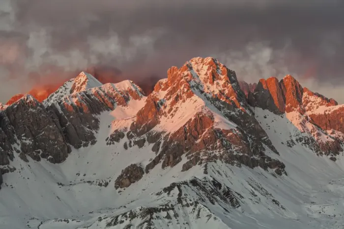 Framed Print : Dolomites, Italy. Fiery winter sunset towards the Sasso di Valfredda as seen from Col Margherita